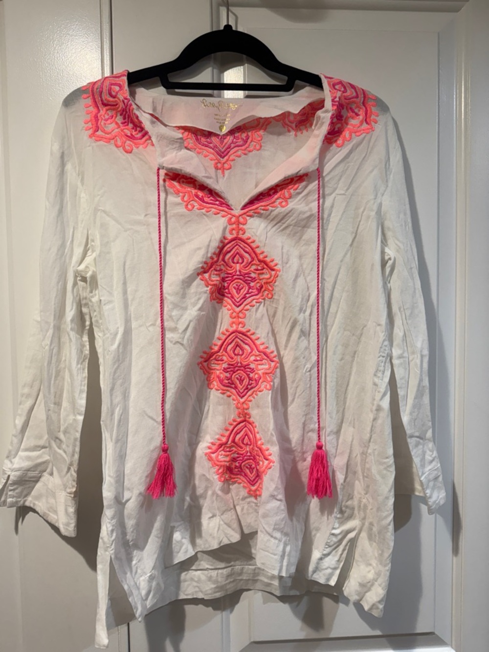 Lilly Pulitzer White Tunic with Hot Pink Embroidery and Tassels - Picture 3 of 6